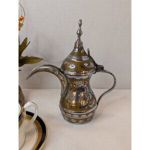 Vintage Dallah Coffee Pot Middle Eastern Style Brass & Silver Floral Engravings